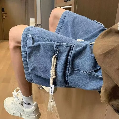 Oversize workwear denim shorts for men, summer trend brand, cool and stylish, large pockets, 5-pocket pants, American retro, loose fit