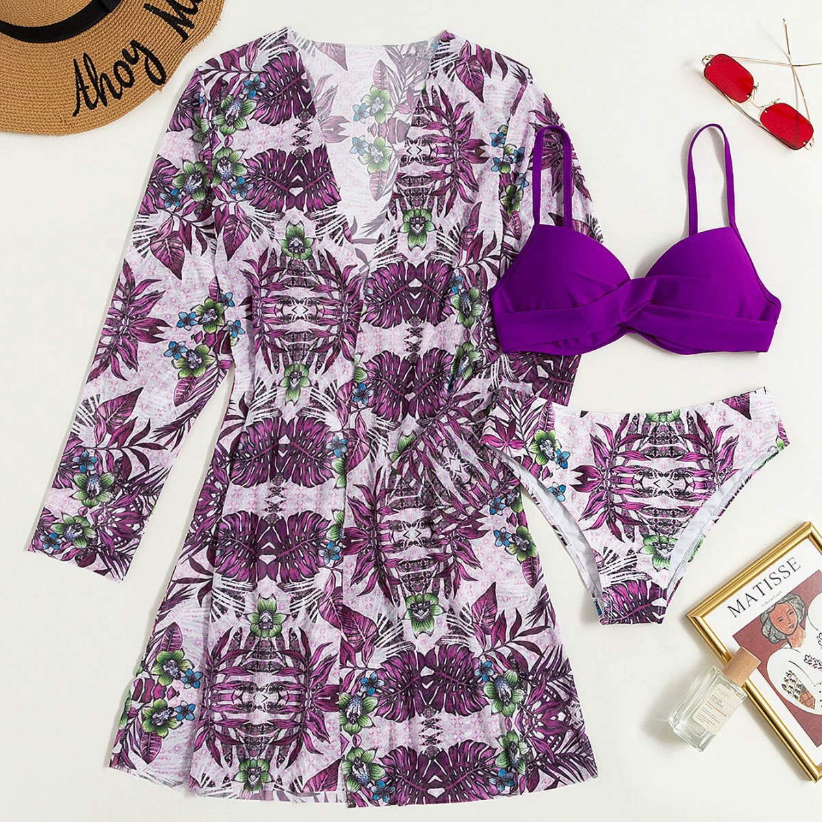 Women's Swimwear 3-Piece Set, European Style, 3-PC Bikini + Cover-Up, Multiple Colors