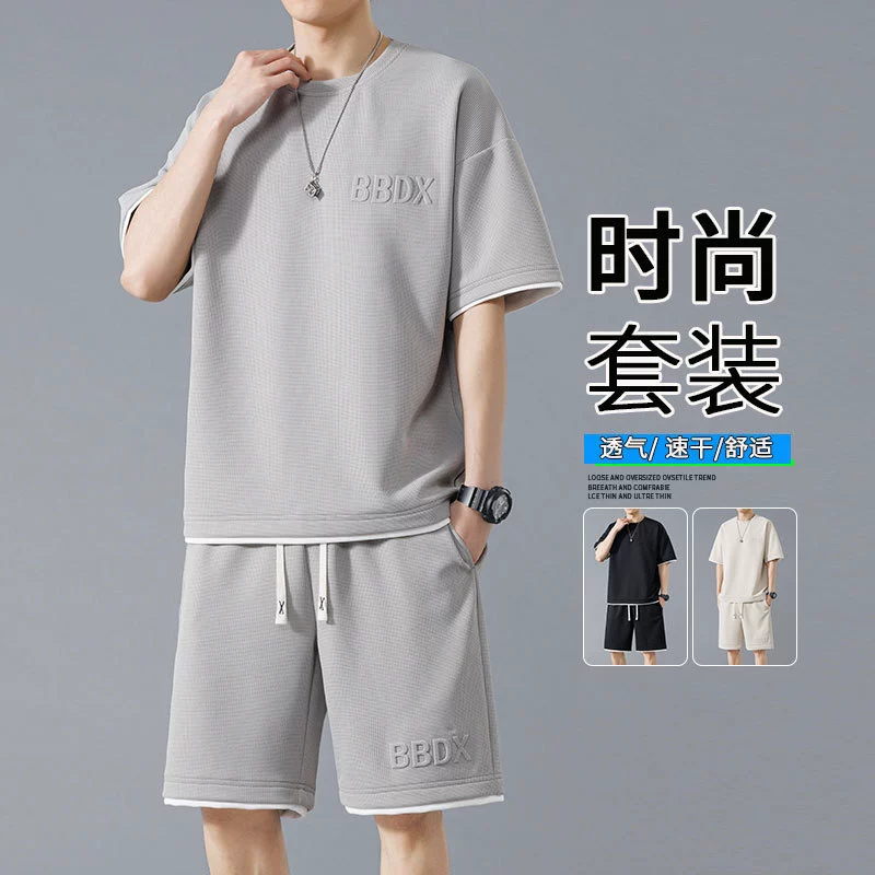 Летний мужской костюм из шорт большого размера, свободный крой, модный спортивный стиль
