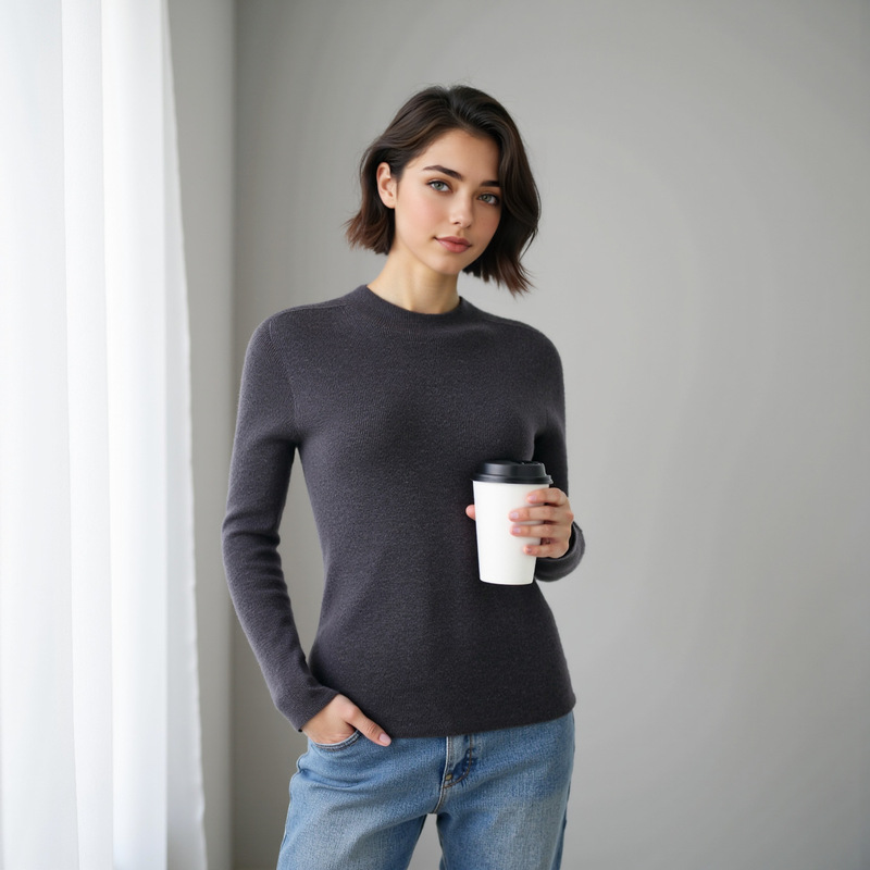 Lightweight and Comfortable ~ Half-High Collar, Slim Fit, Regular Shoulder, All-Wool Knit Top, Versatile, Stylish, Soft and Cozy Base Layer