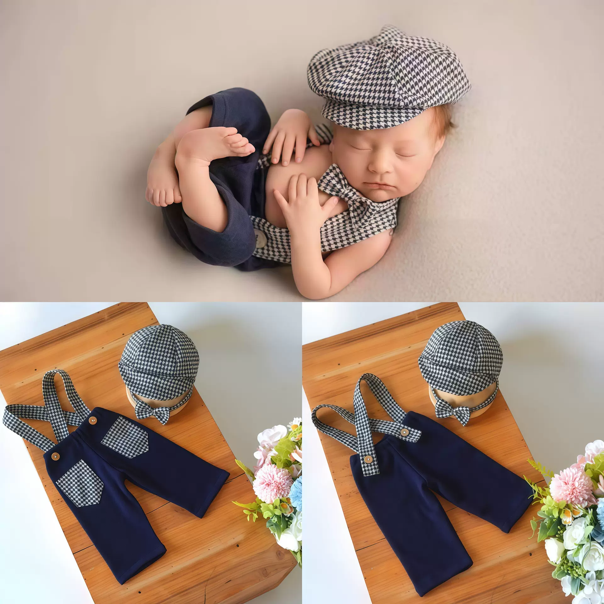 跨境新生儿摄影服装婴儿拍照贝雷帽领结背带裤男女宝宝月子照影楼
