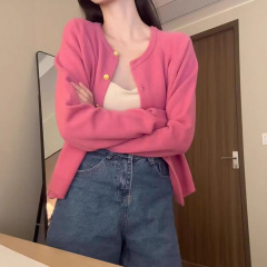 小众慵懒风玫红色针织开衫女秋冬温柔氛围感软糯毛衣外套漂亮上衣