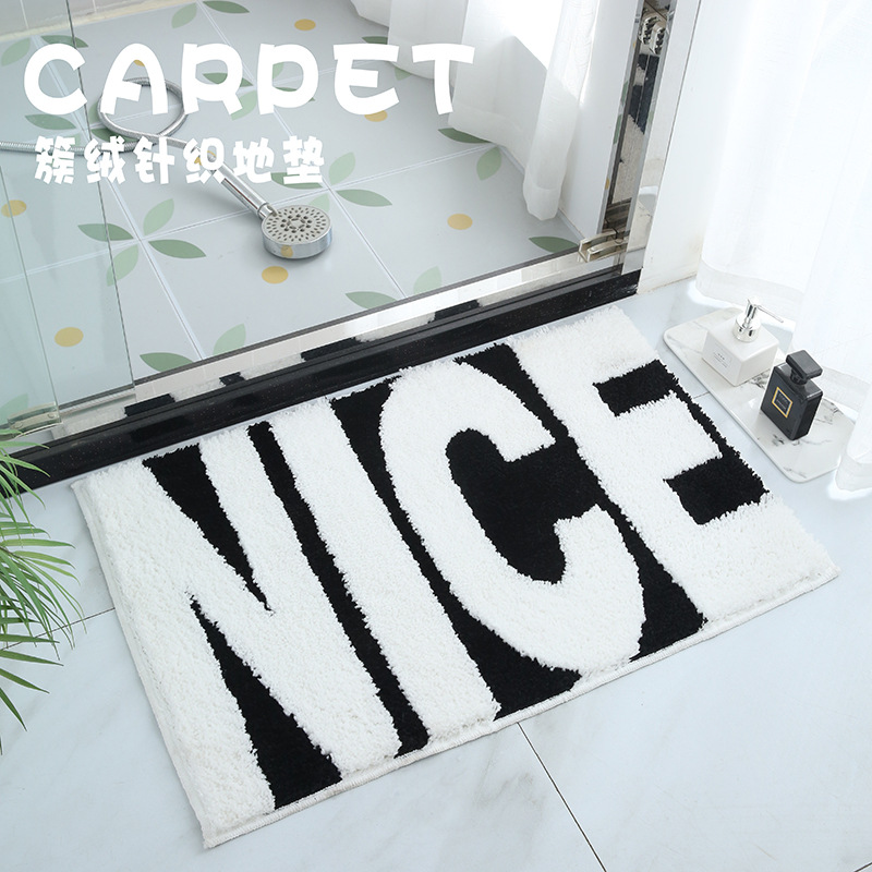 Transfronteriza engrosada flocado alfombra de piso absorbente baño letras suaves blanco y negro alfombra de baño simple alfombra de piso del hogar