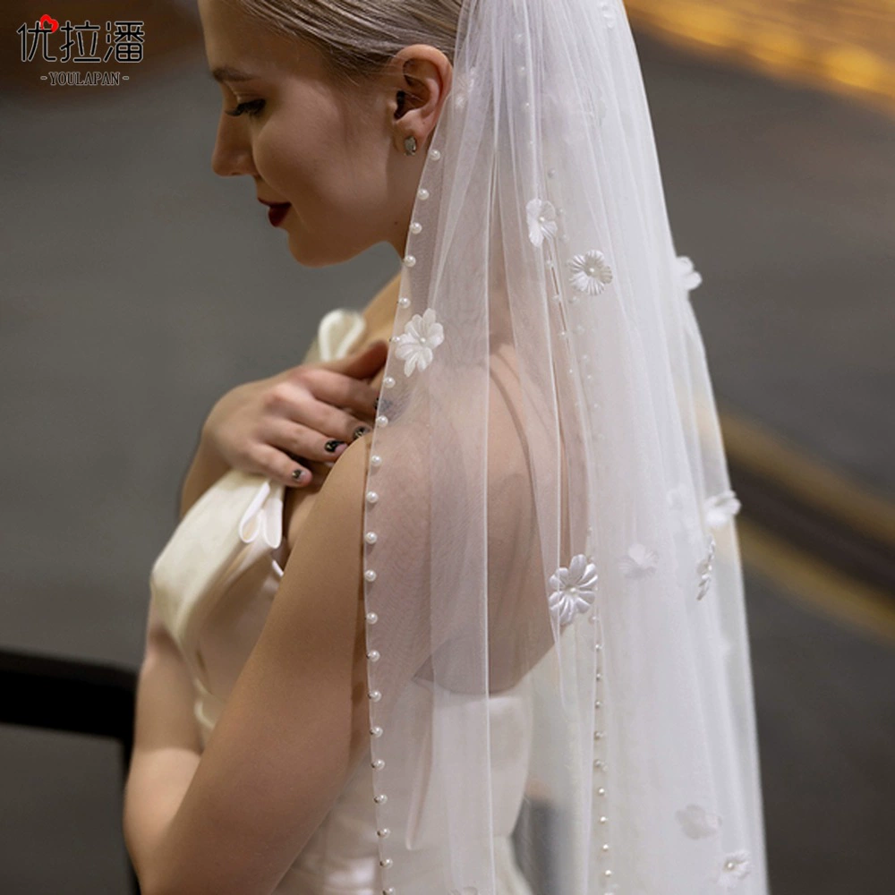 优拉潘 V193 Retro wedding beads plain yarn sweet flowers tailing veil bride simple pearl veil