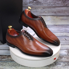 High-end leather shoes for men, cowhide gray brown one-piece leather handmade men's shoes, men's wedding banquet business formal shoes