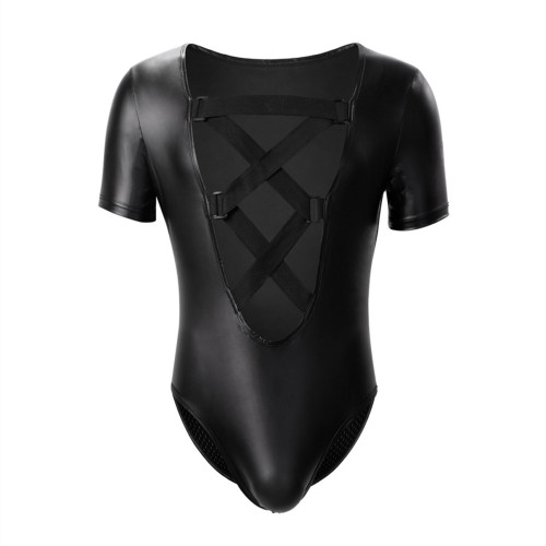 Men's body-shaping short-sleeved leather patchwork side mesh crossover jumpsuit slim fit one-piece triangle waist