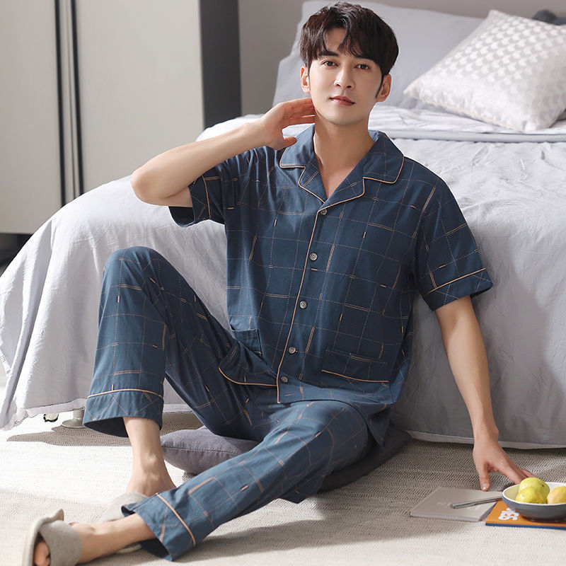 Pijamas de los hombres de verano 100% pantalones de algodón de manga corta cardigan de los hombres ropa de verano delgado más traje de tamaño