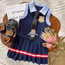 女童连衣裙夏装新款韩系卡通兔子警官学院风裙子女宝宝时髦夏装裙
