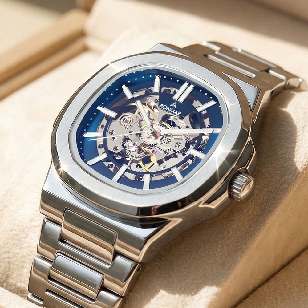 Langma Fashion Fully Automatic Mechanical Watch with Transparent Bottom Hollow Casual Sports Men's Watch Butterfly Buckle Steel Band Watch