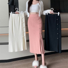 新中式国风盘扣针织半身裙女秋冬季中长款高腰显瘦开叉a字包臀裙