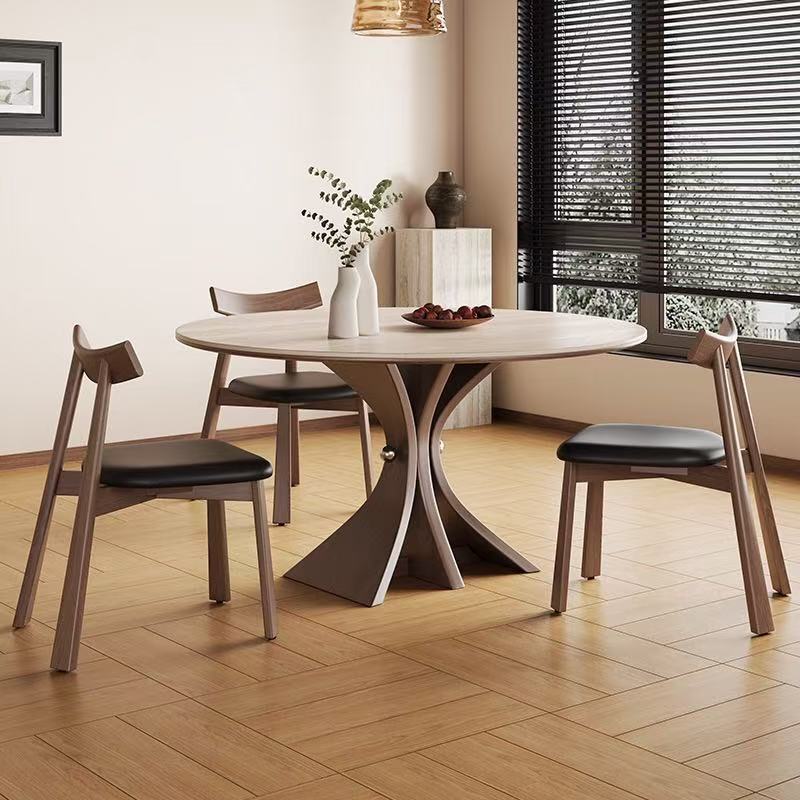 Mesa de comedor de tablero de roca de travertino de madera maciza americana, hogar francés de celebridades de Internet, mesa redonda de tablero de roca de pequeño apartamento de estilo antiguo moderno