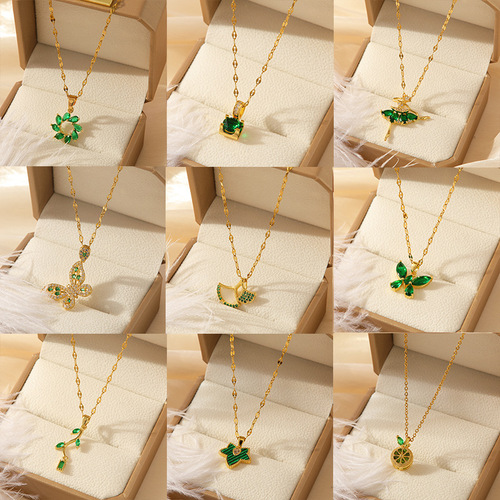 Korean version of green series titanium steel necklace for women, versatile, high-end, non-fading, hot girl temperament, clavicle chain jewelry wholesale