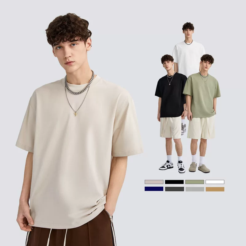 Cotton summer short sleeve T-shirt, loose fit, round collar