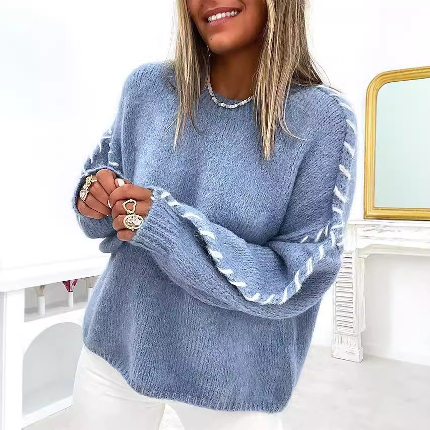 Women's Clothing sweater autumn and winter new round neck line pullover knitted sweater top_voghion.com