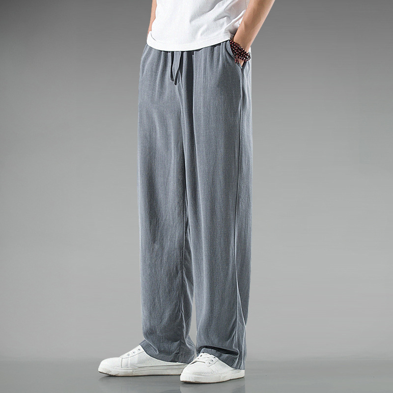 Pantalones de hombre de lino ligero y transpirable de estilo chino, pantalones de pierna recta sueltos de lino de verano, pantalones casuales de algodón y lino, pantalones anchos