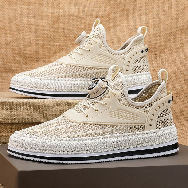 Zapatos de hombre con botón giratorio tejido de paja, zapatillas de deporte huecas de red grande, estudiantes, verano 2025, nuevo estilo, zapatos perezosos transpirables, hombres