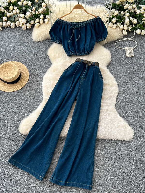Hong Kong Style Chic Retro One-Shoulder Puff Sleeves Waist-Cinching Short Denim Top with Belt High-Waisted Wide-Leg Straight Pants