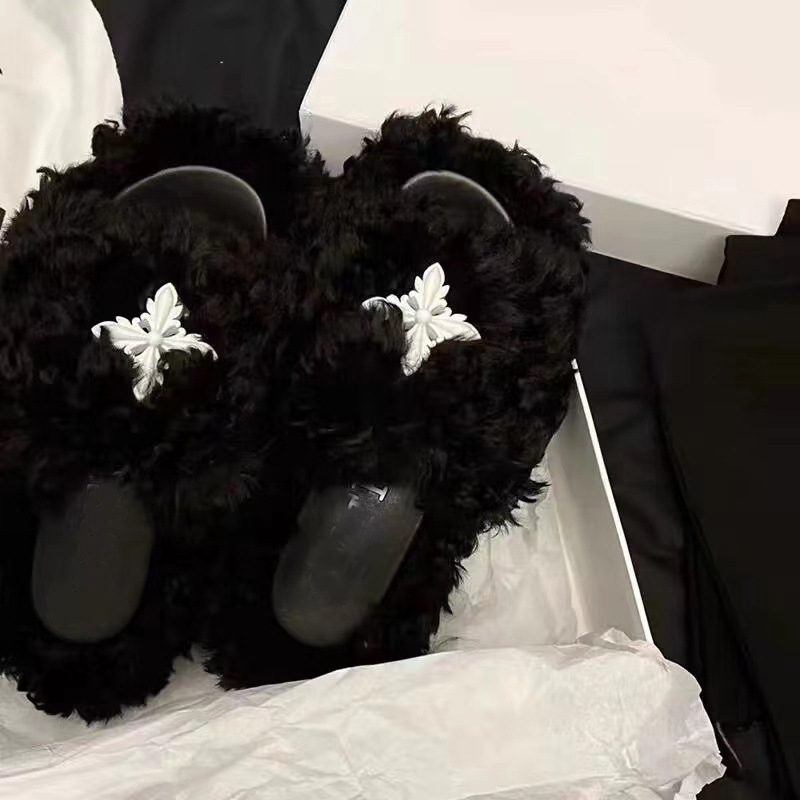 高品質！ Wu Xuan Yi の同じスタイル SMFK クロスフラワーファースリッパブラックベルベット厚底アウターウェアスリッパ女性用|undefined