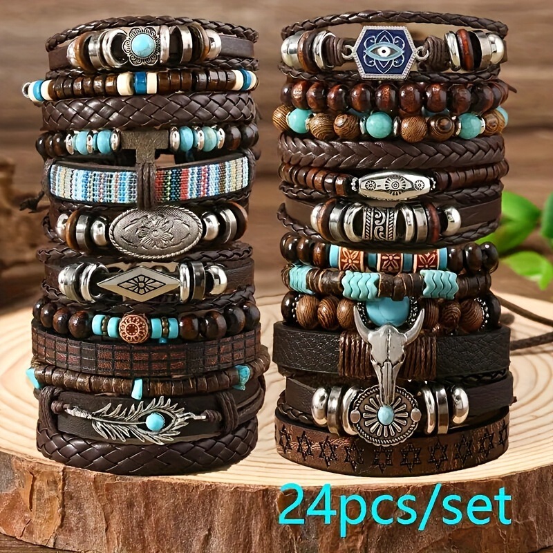 24Pc Retro Bull Head Turquoise Chicken Wing Wood Eye Wood Bead Bracelet Set, Gift for Friends