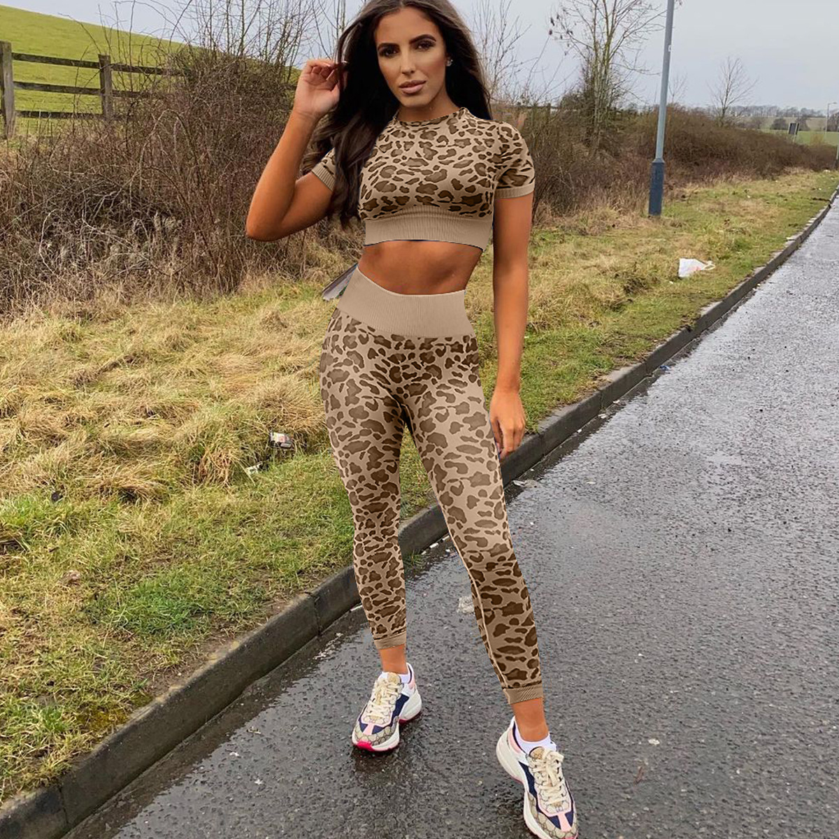 Sports Leopard Nylon Round Neck Tracksuit T-shirt Leggings display picture 2