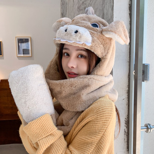 Cartoon hat scarf gloves one-piece women's winter warm three-piece thickened fleece-lined cute scarf makes face look small
