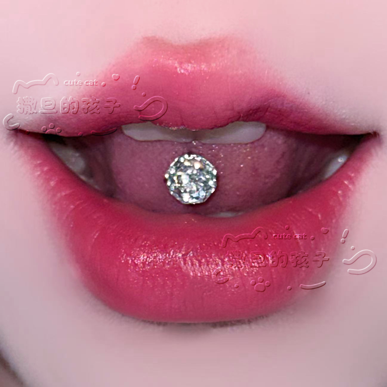 Satan's Child Blue Vine Under the Moon F136 Titanium Alloy Drinking Tongue Piercing, Rose Cut Sparkling Tongue Ring detail image 9