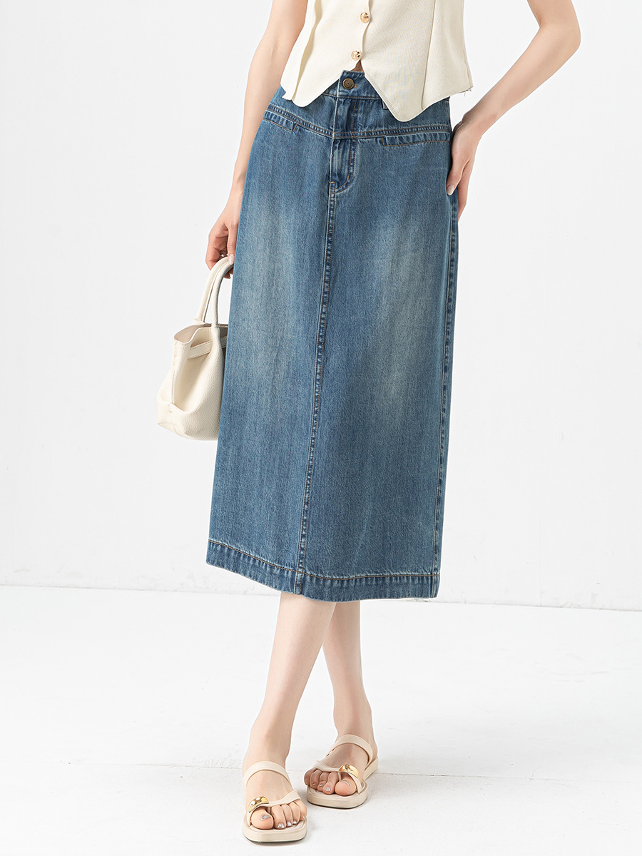 Váy denim Tencel nữ cạp cao chữ A dài vừa phải — đen