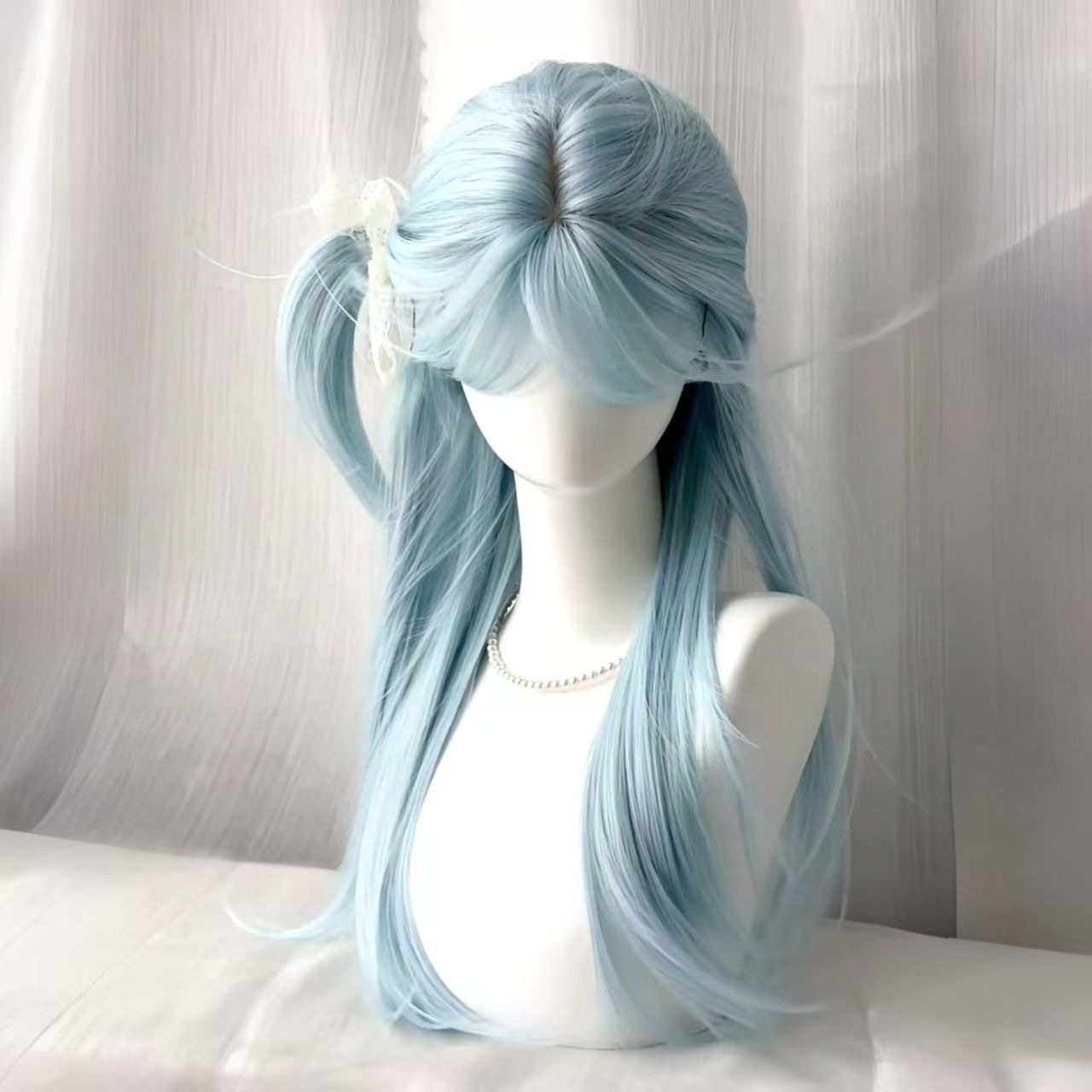 Koni Parykk [Baby Blue] Dame vår/sommer Ny stil Milk Blue Bangs Naturlig langt rett hår JK