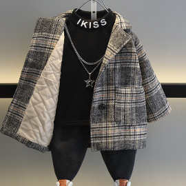 男童秋冬装加绒外套2025新款洋气呢子儿童装男孩加厚呢大衣中长款