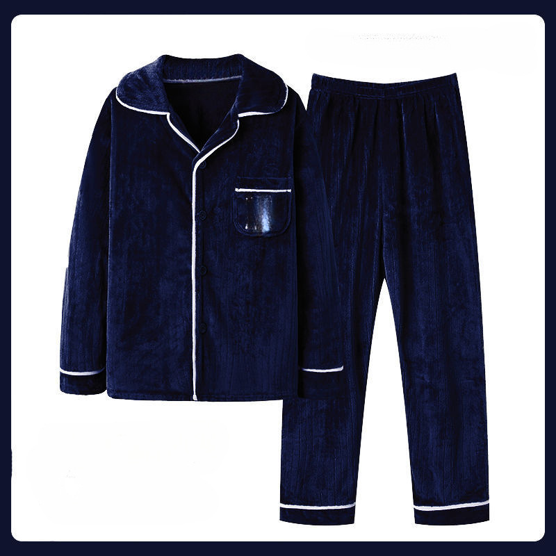 Transfronterizo hombre coral terciopelo pijama otoño y invierno grueso terciopelo cálido manga larga suelta franellas set de ropa para el hogar