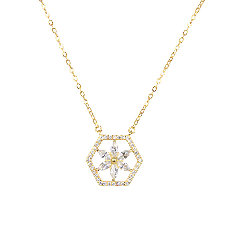 925 plata esterlina collar de diamantes hexagonal de lujo ligero nicho diseño de alta sensibilidad colgante de flores de cadena de clavícula