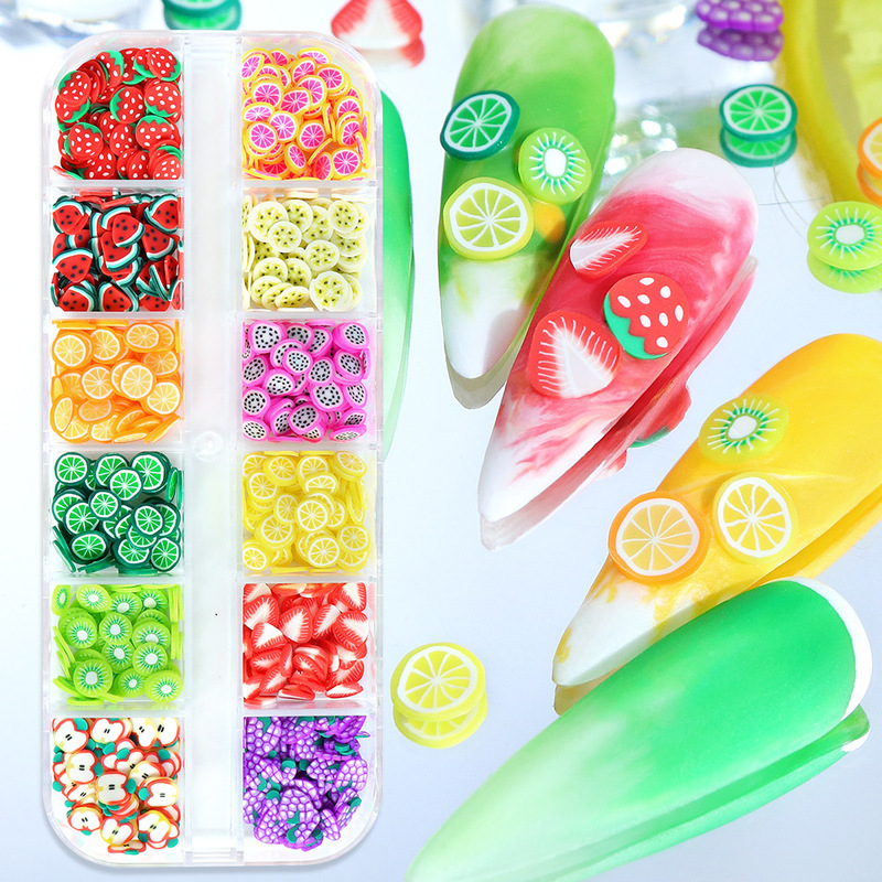 12 grid fruit soft pottery strawberry watermelon lemon nail patch summer mixed light therapy nail DIY drop glue filling