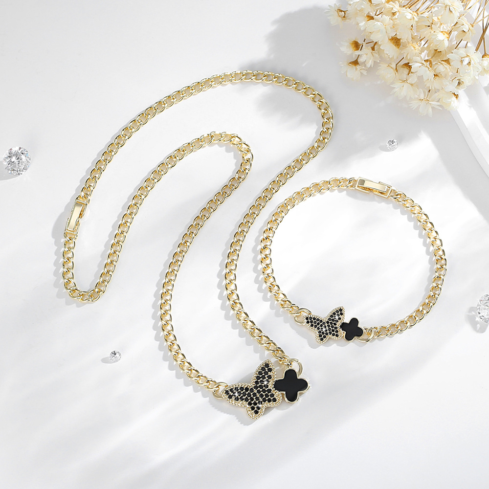 Amazon joyería caliente cobre 14k oro mariposa collar O-chaîne de joyería set de pulseras de tetra hoja de piedra