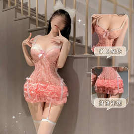 法式带胸垫聚拢马甲内衣纯欲诱惑性感蕾丝情趣内衣套装小胸睡衣女