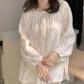 韩国ins女士春秋韩系新品小狗双层棉纱宽松大版家居服睡衣套装女