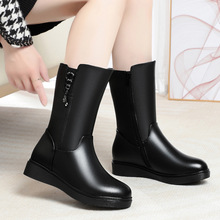 2025真皮女棉鞋羊毛靴女中筒靴新款冬保暖防滑平底大码妈妈靴子