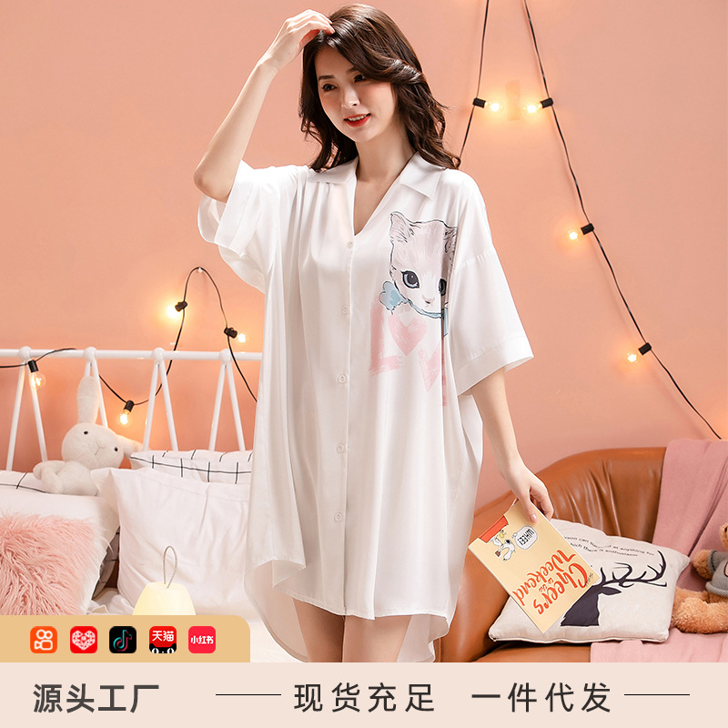 2023 nuevo camisón de seda del hielo verano las mujeres delgada flor gato impresión más tamaño media manga desgaste hogar camisa vestido