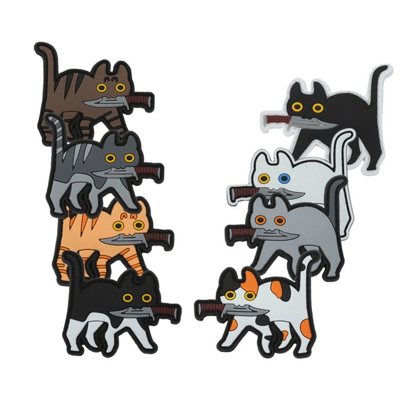 PVC橡胶补丁含刀小猫咪徽章魔术贴章 跨境热销