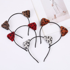 Leopard Print Plush Cat Ears Headband Photo Face Washing Anti-Slip Hair Tying Band Festival Party Cute Decorative Hair Accessories Headband