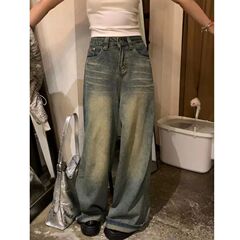 アメリカンスタイルのノスタルジックなブルージーンズ、女性用ハイウエストパンツ、小柄なホットガール、ゆったりとしたワイドレッグストレートレッグフロアレングスパンツ