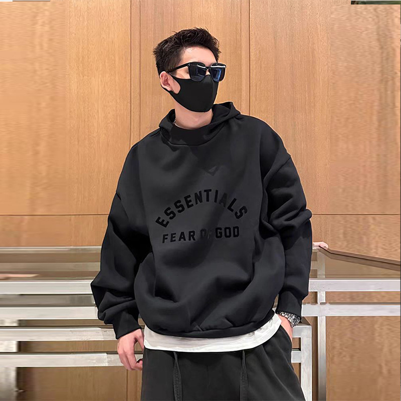 ESSENTIALS New European and American High Street Loose Casual Cool Black Series Men's and Women's fleece-lined Hoodie Sweater