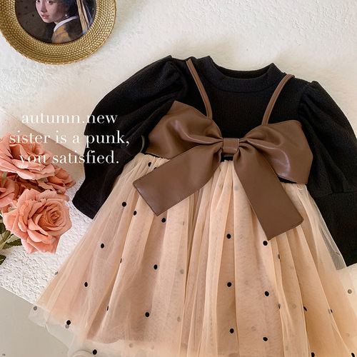 Girls Dress Spring and Autumn  New Style Children's Fake Two-piece Long-Sleeved Puffy Gauze Dress Baby Skirt