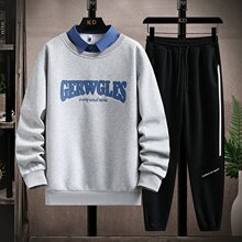 春款假两件卫衣套装青少年男中学生衬衫领上衣束脚长裤运动两件套