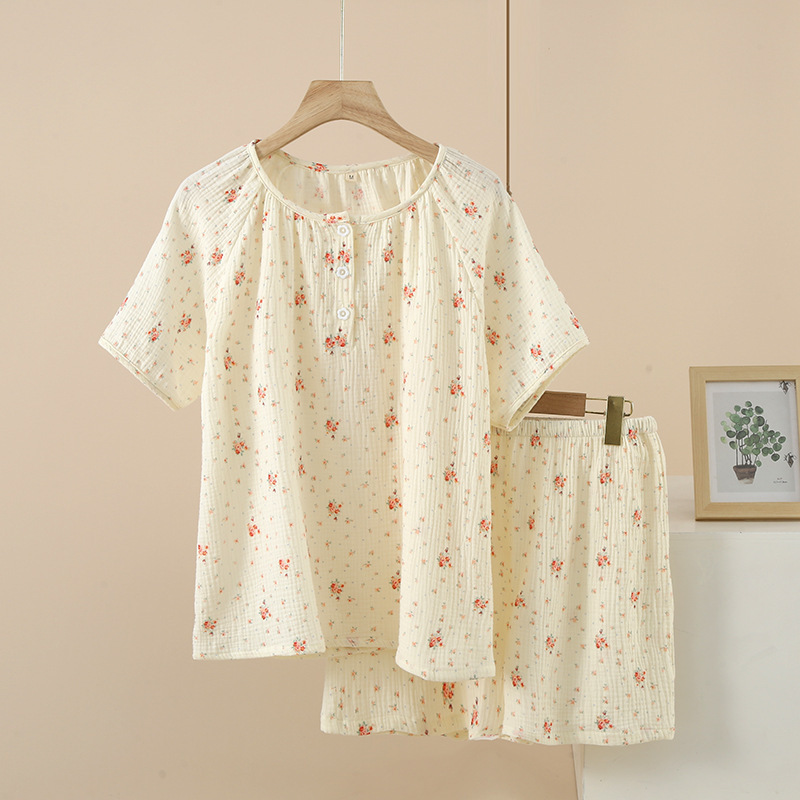 Cotton Gauze Women's Summer New Short-sleeved Shorts suit Cute Floral Seersucker Sweet Home Clothes Pajamas