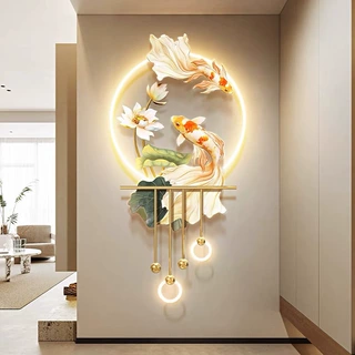 孔雀客厅格栅装饰画花开富贵电视背景墙壁画新中式玄关带灯挂画