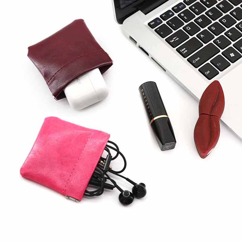 Nueva bolsa de almacenamiento de cuero de cera de aceite, línea de datos de viaje, bolsa de almacenamiento de joyería de cambio, mini bolsa de almacenamiento cerrada automática