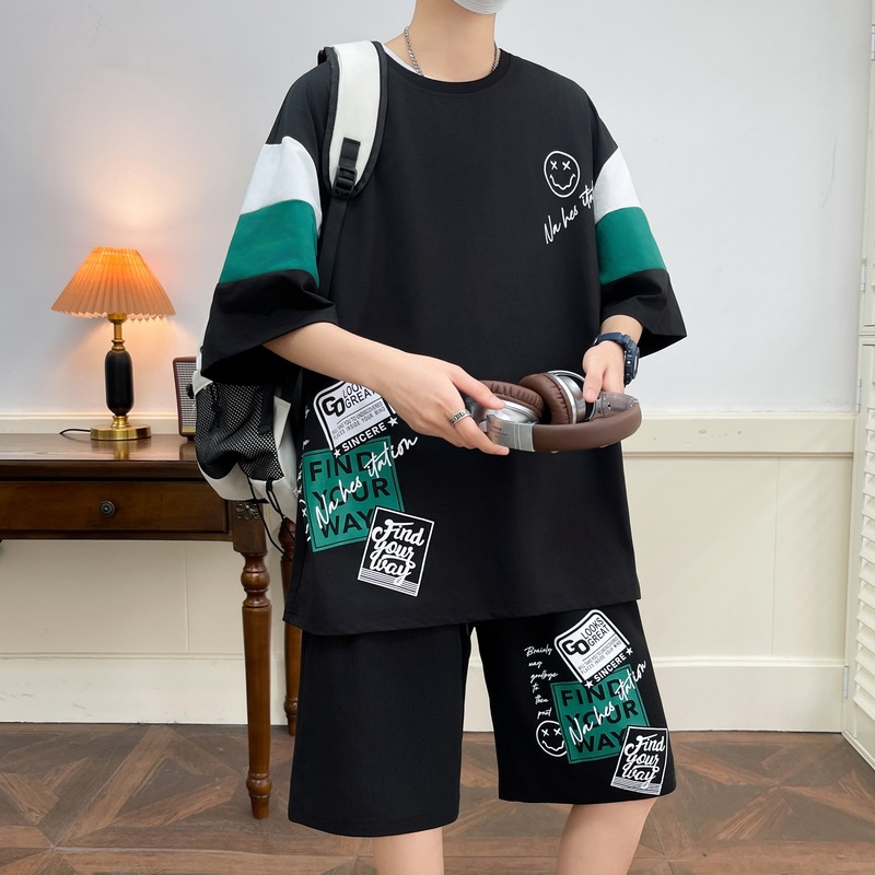 2025 juveniles de verano juego deportivo casual hombre versión suelta de moda de color de manga corta camiseta de cinco pantalones cortos