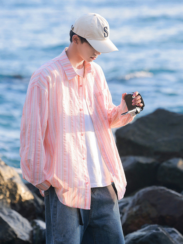 First Love Pink Striped Shirt Men's Summer 2024 New Loose Casual Sunscreen Long Sleeve Shirt Coat Top First Love Pink Striped Shirt Men's Summer 2024 New Loose Casual Sunscreen Long Sleeve Shirt Coat Top