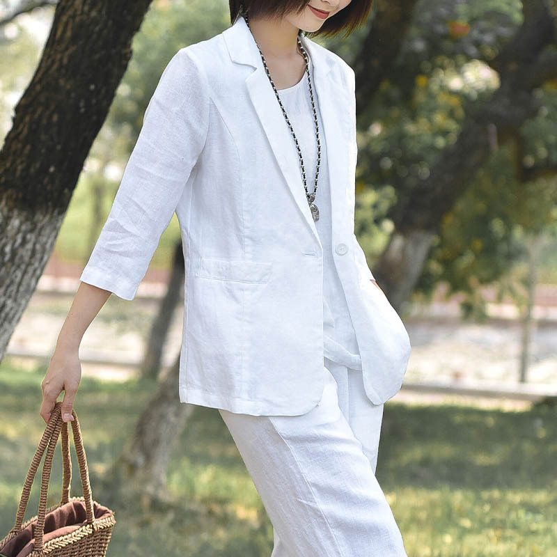 Spring and Summer Pure Linen Blazer for Women, Thin Summer Linen Artistic Three-Quarter Sleeve Suit Jacket, Commuter Style