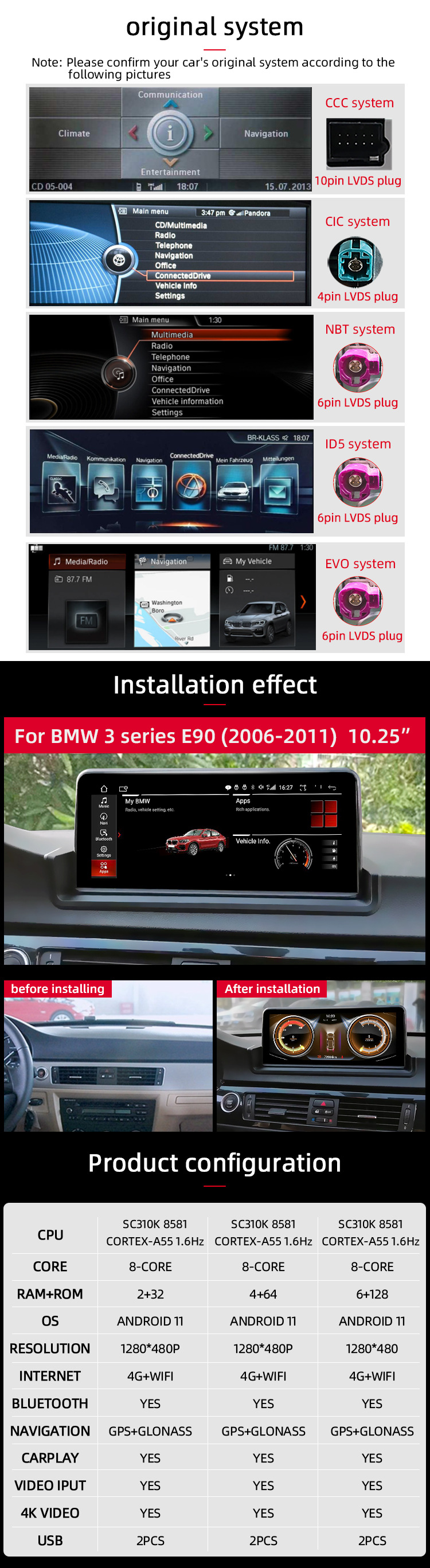 For Bmw 3 Series E90 320I 2006 2007 10.25'' Carplay Android